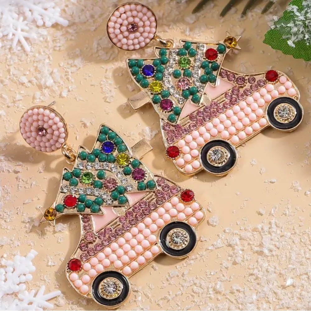 Festive Pink Christmas Car Earrings